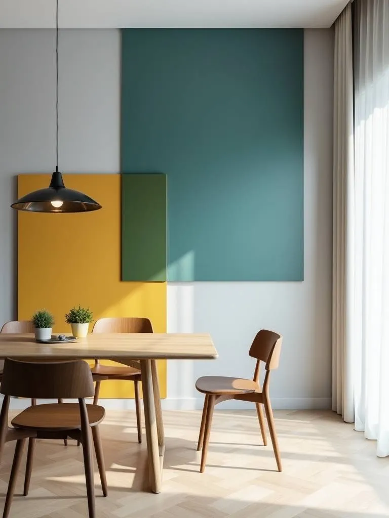 Modern dining room with teal and mustard color blocking on the wall