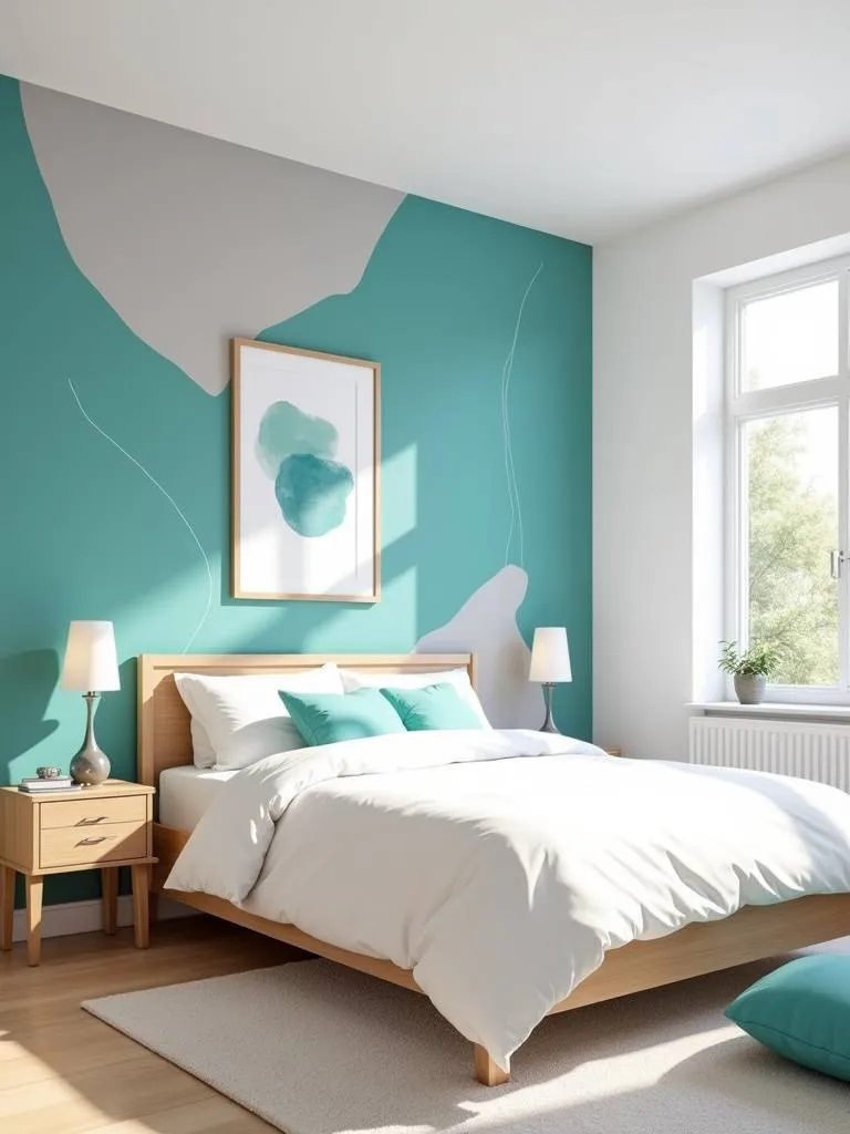 Bedroom with teal geometric wallpaper accent wall