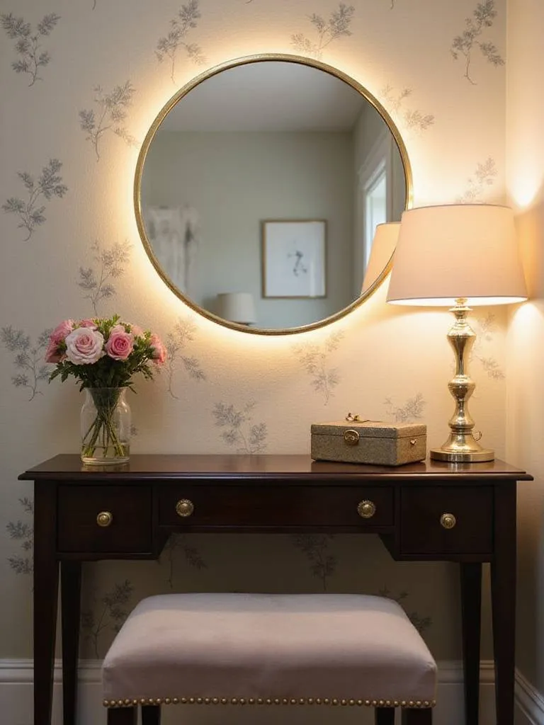 Chic dressing table with a round gold-framed mirror in a well-lit vanity area.
