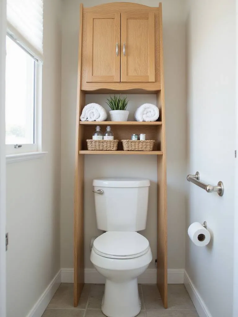 Over-the-toilet storage tower in a small bathroom, maximizing vertical space.