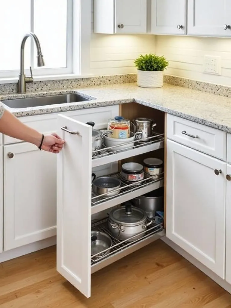 Corner kitchen cabinet with blind corner pull-out storage system extended