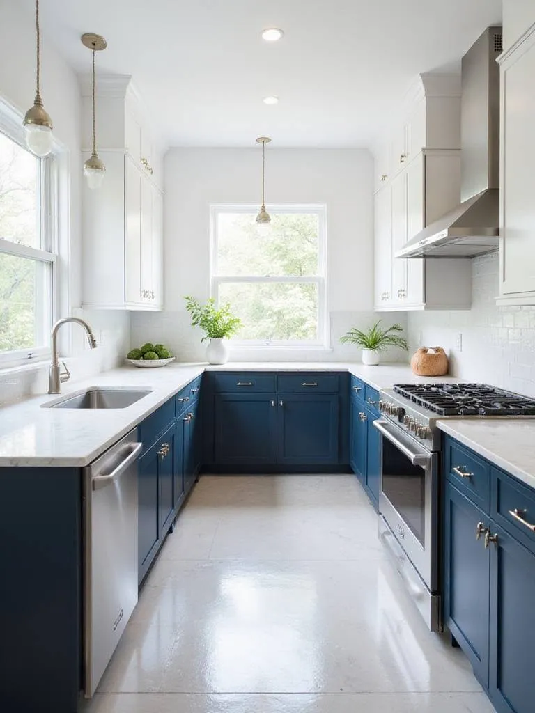 Modern kitchen with two-toned navy blue and white cabinets.