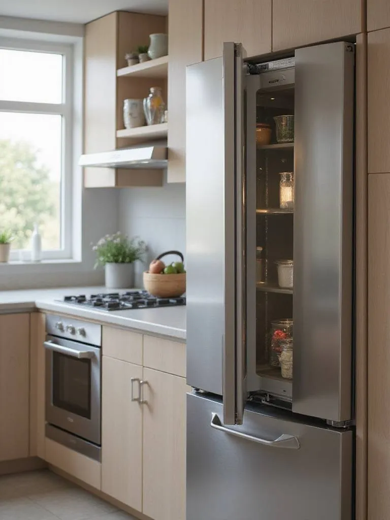 Stainless steel refrigerator and oven in a modern kitchen, showcasing used or refurbished appliance options.