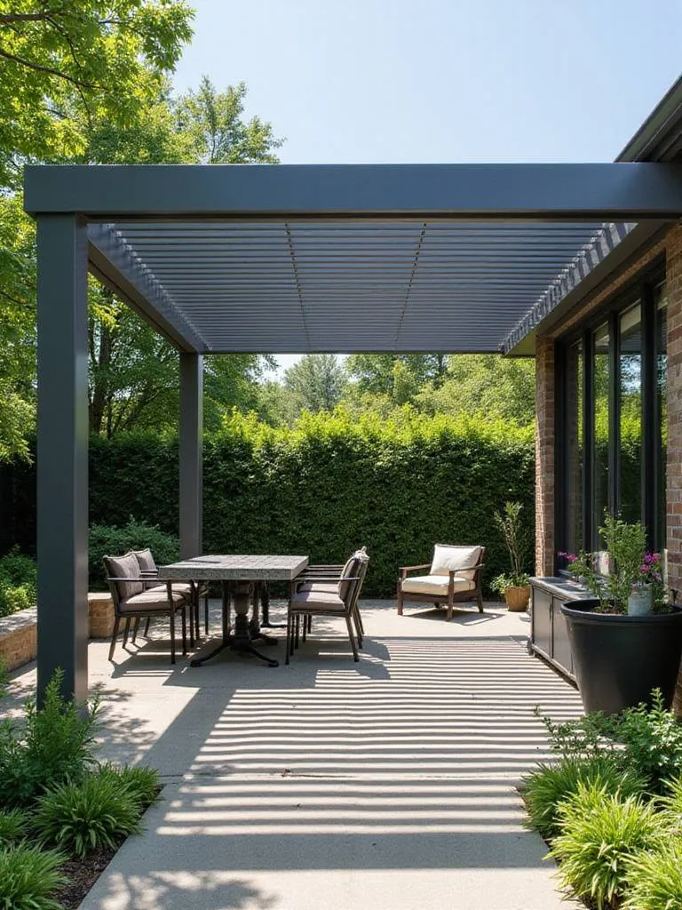 Louvered pergola providing adjustable shade on a modern patio.