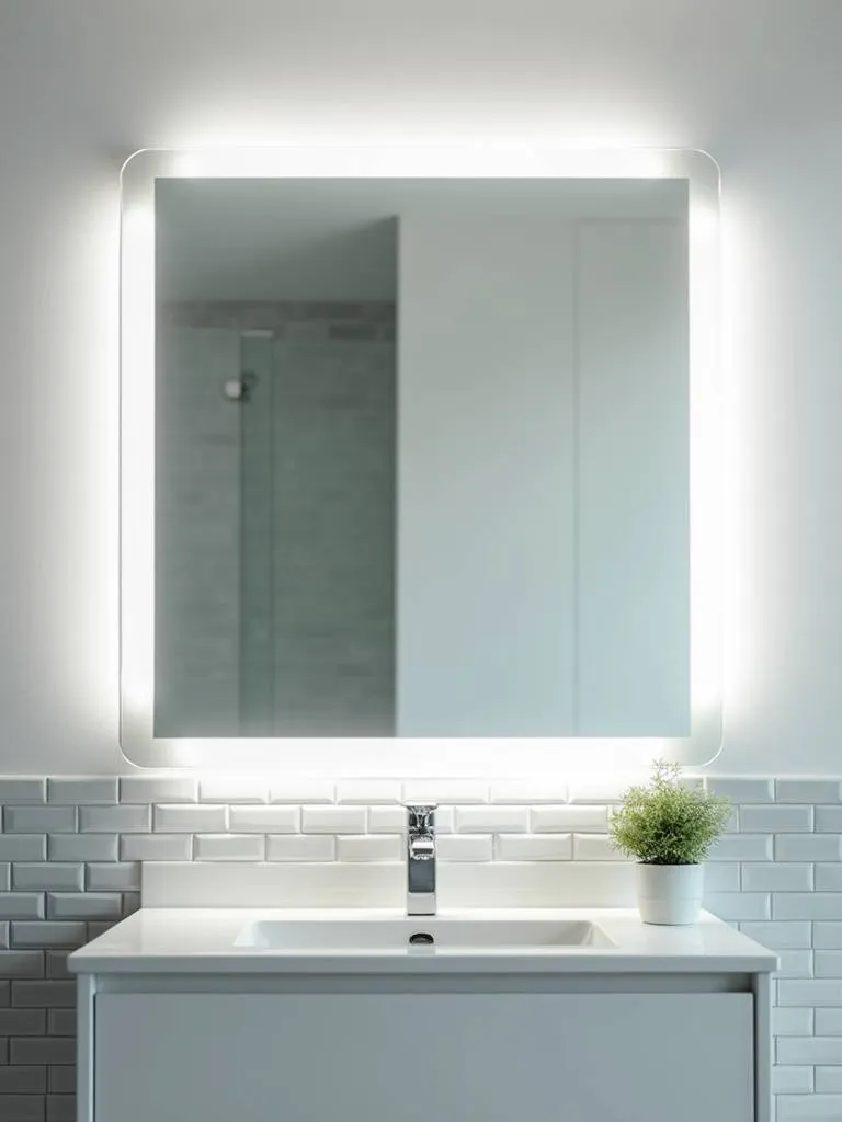 Modern bathroom with a rectangular mirror illuminated by a cool white LED light bar, providing bright and even lighting.