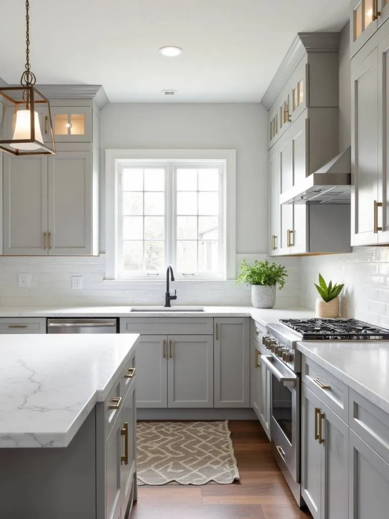 Light gray Shaker cabinets paired with white quartz countertops in a modern kitchen.