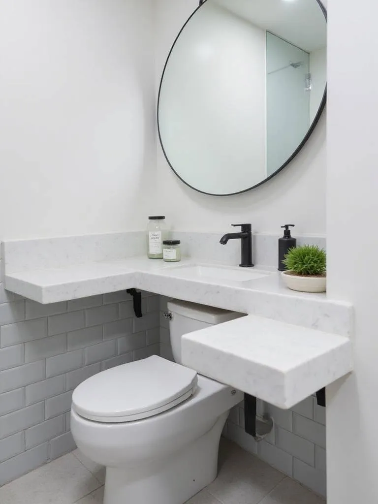 Bathroom with countertop extending over toilet for extra surface space