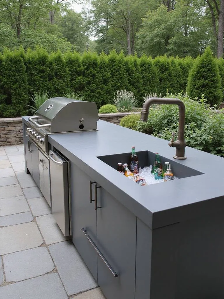Outdoor kitchen with dark grey concrete countertop, stainless steel grill, and built-in ice trough.
