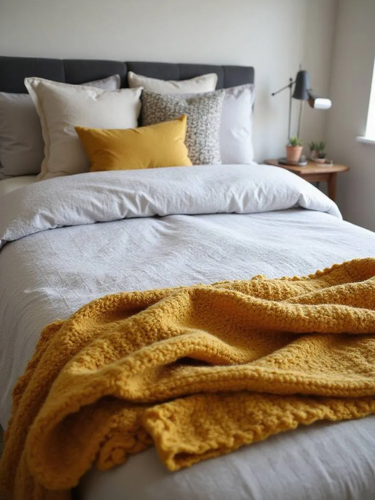 Cozy bedroom with layered bedding for warmth and style.