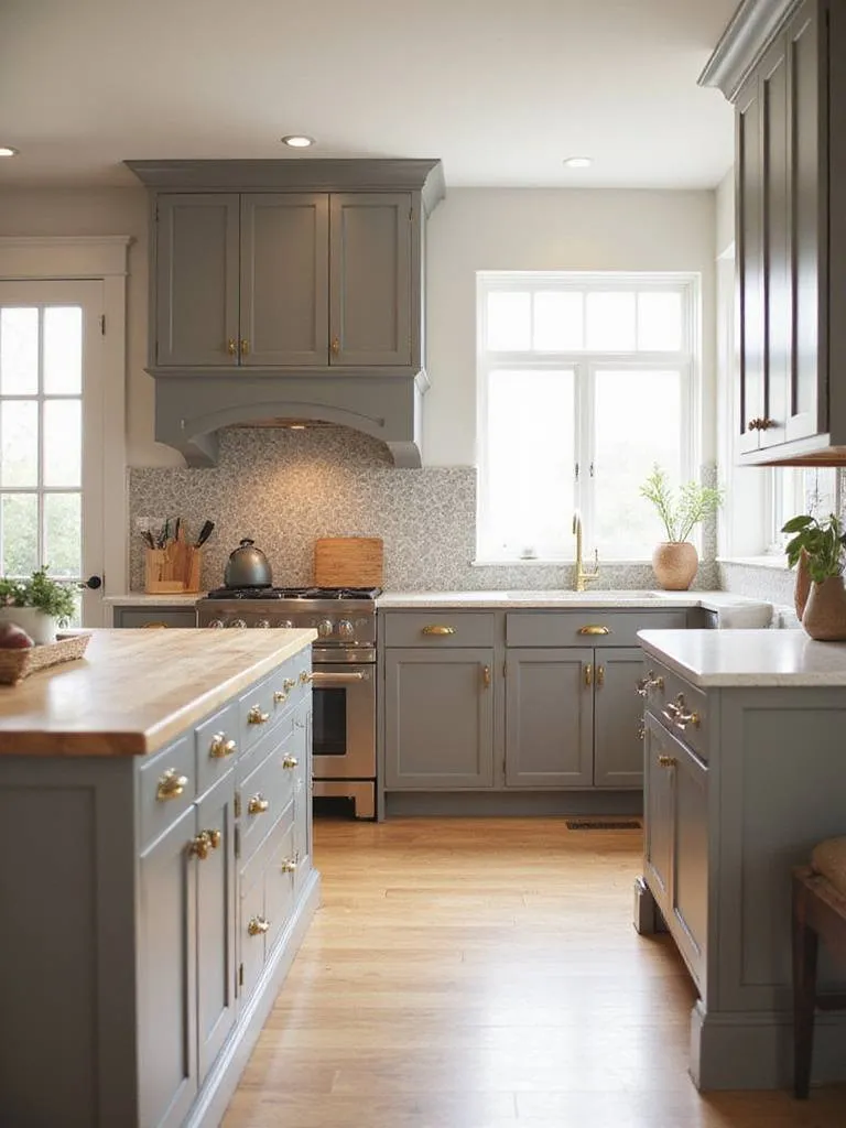 Warm gray kitchen cabinets with brass hardware and butcher block countertop.