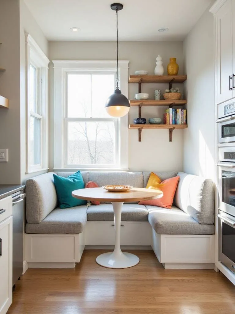 Modern kitchen with a cozy breakfast nook featuring a banquette, round table, and pendant light.