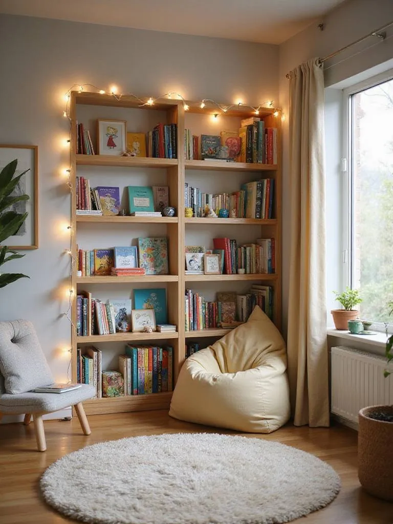Cozy reading nook in a child's bedroom with beanbag chair, bookshelf, and string lights.