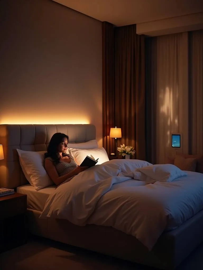 Luxury bedroom with smart lighting control system creating a relaxing ambiance.