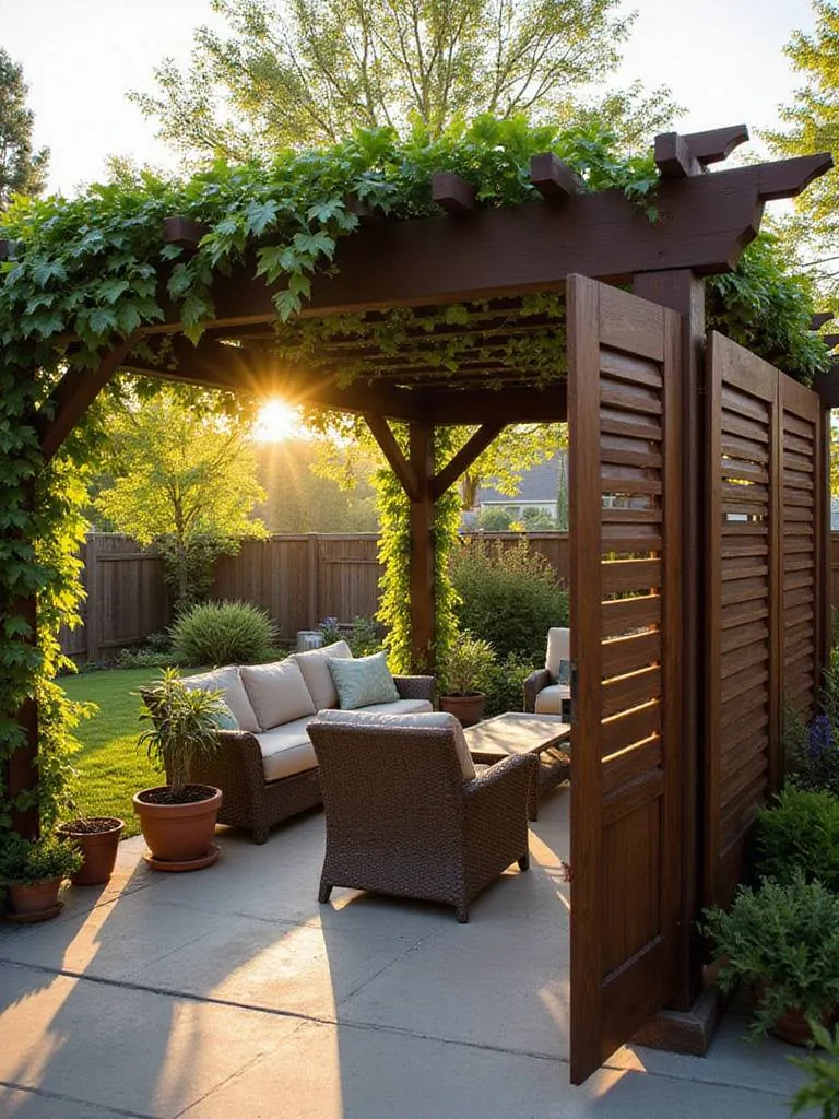 Patio pergola with privacy screens and climbing vines creating a secluded outdoor retreat.