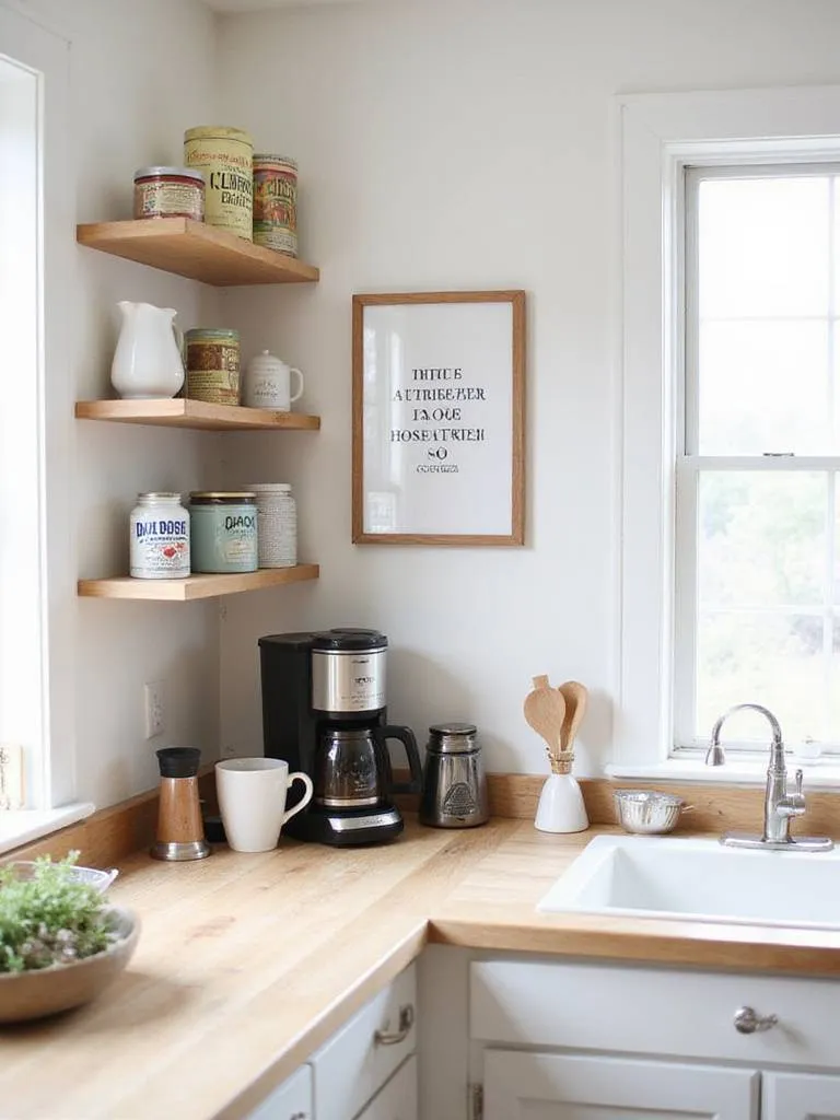 Coffee and tea station wall decor with vintage coffee tins and farmhouse style