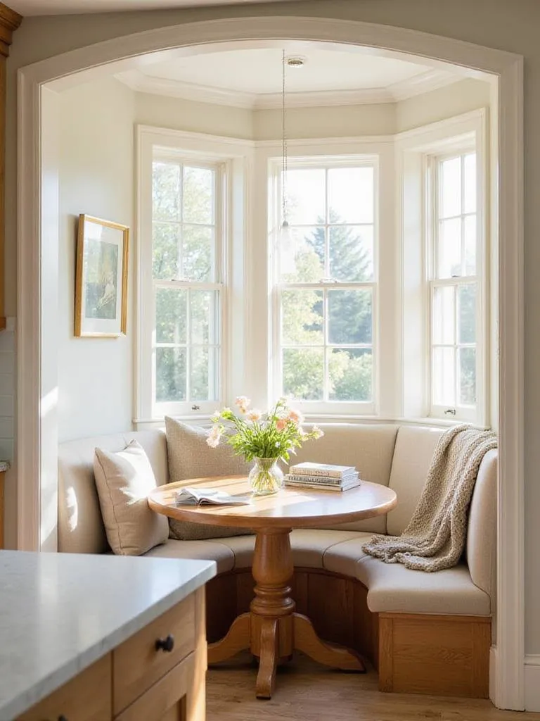 Cozy breakfast nook with banquette seating, round table, and window seat.