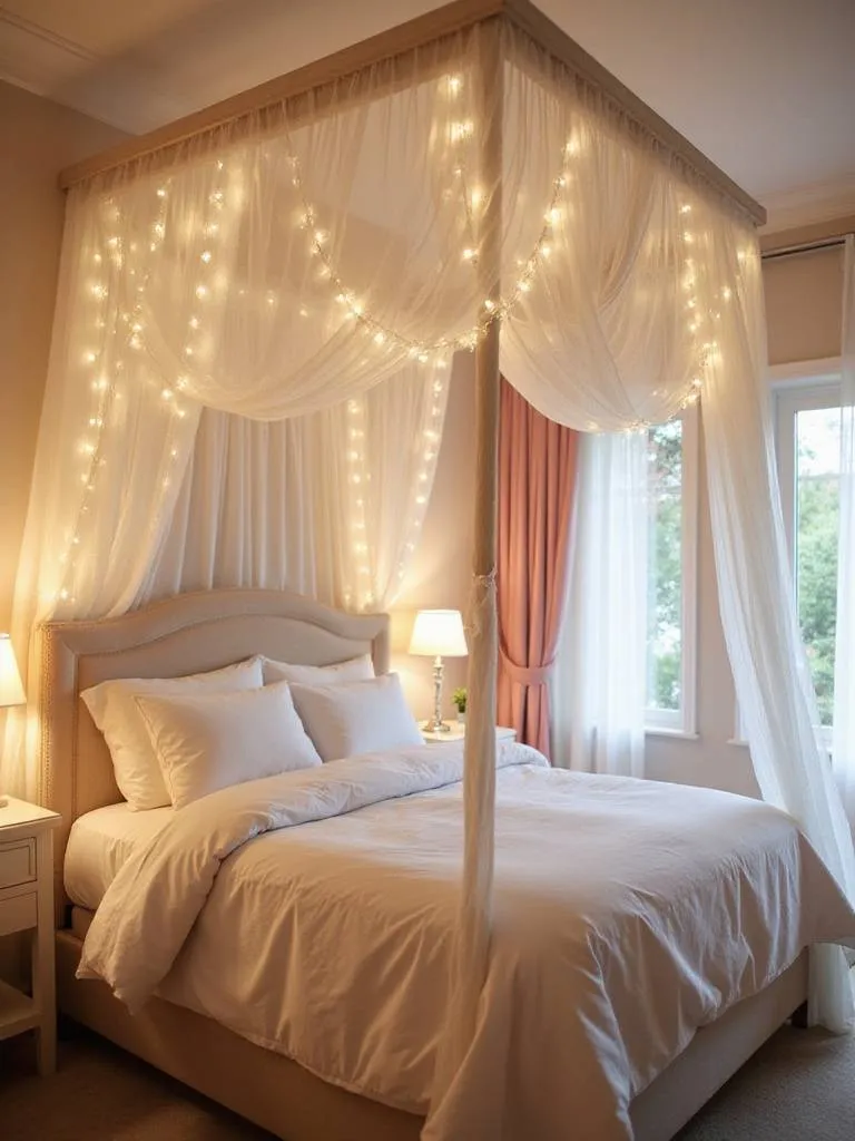 Romantic bedroom featuring a canopy bed draped with sheer white curtains and fairy lights.