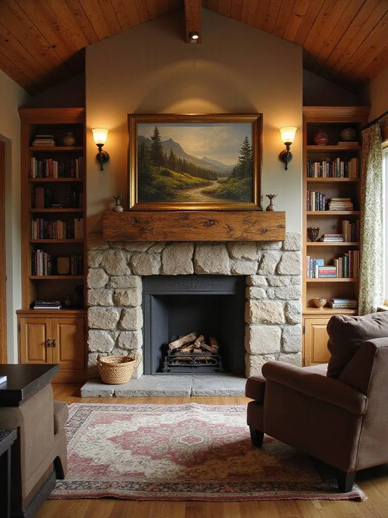 Cozy living room with a stone fireplace, wooden mantel, and built-in bookshelves.