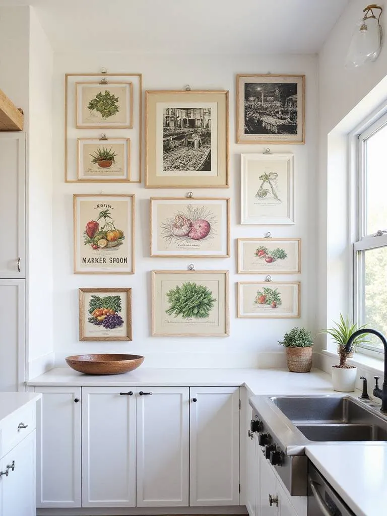 Kitchen gallery wall featuring food-themed art prints and vintage posters