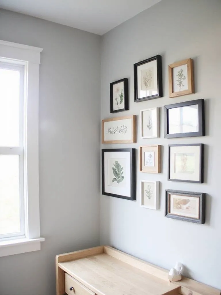 Affordable gallery wall with mix of framed prints and DIY frames in a bedroom.