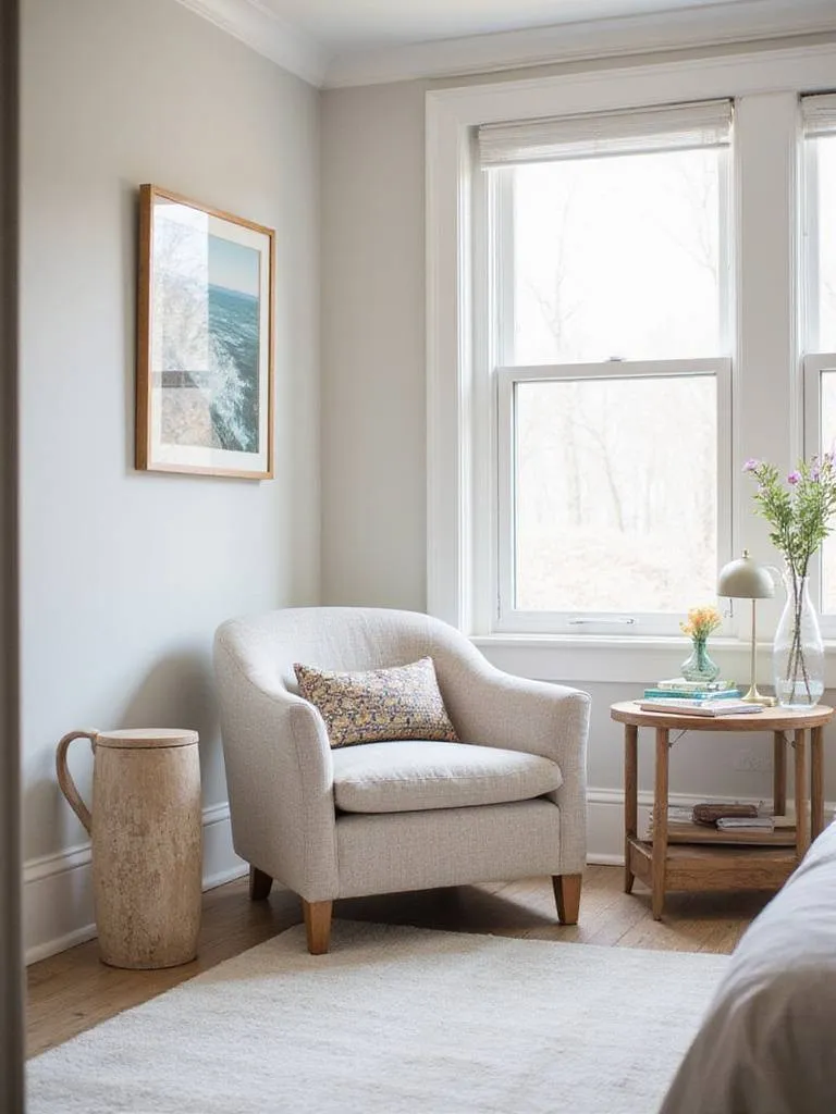 Bedroom reading nook with a stylish accent chair and side table.