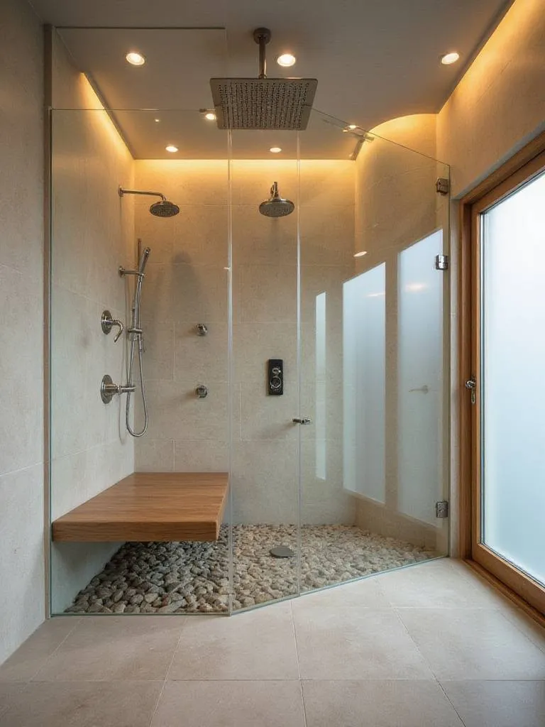 Modern spa-like shower with rainfall showerhead, body jets, and built-in bench.