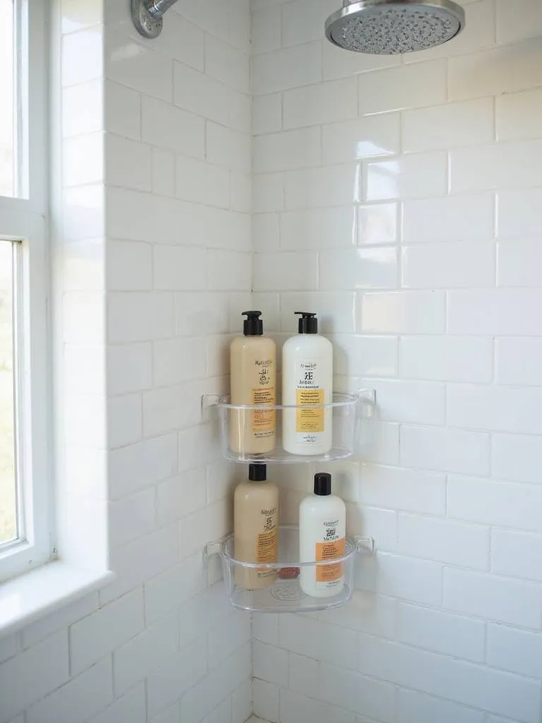 Clear acrylic shower caddy hanging in a bright, tiled bathroom shower.