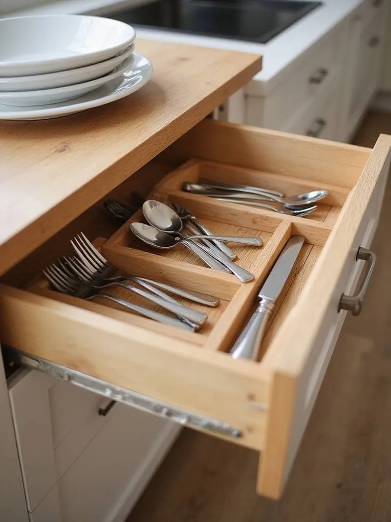 Organized kitchen drawer with a bamboo cutlery tray holding forks, knives, and spoons