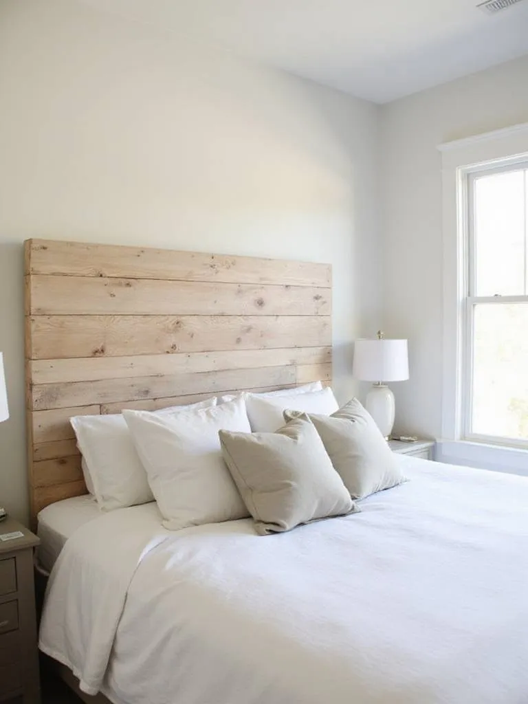 DIY reclaimed wood pallet headboard in a bright and airy bedroom