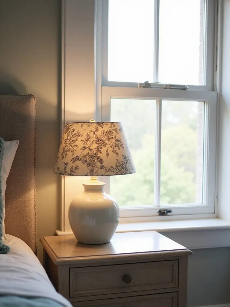 DIY lampshade on a bedside table in a cozy bedroom