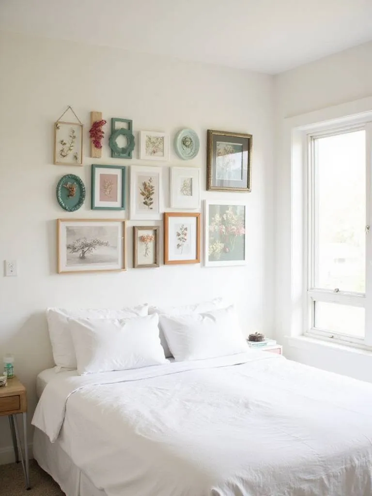 DIY gallery wall featuring mismatched frames with prints and photos above a bed in a bedroom.