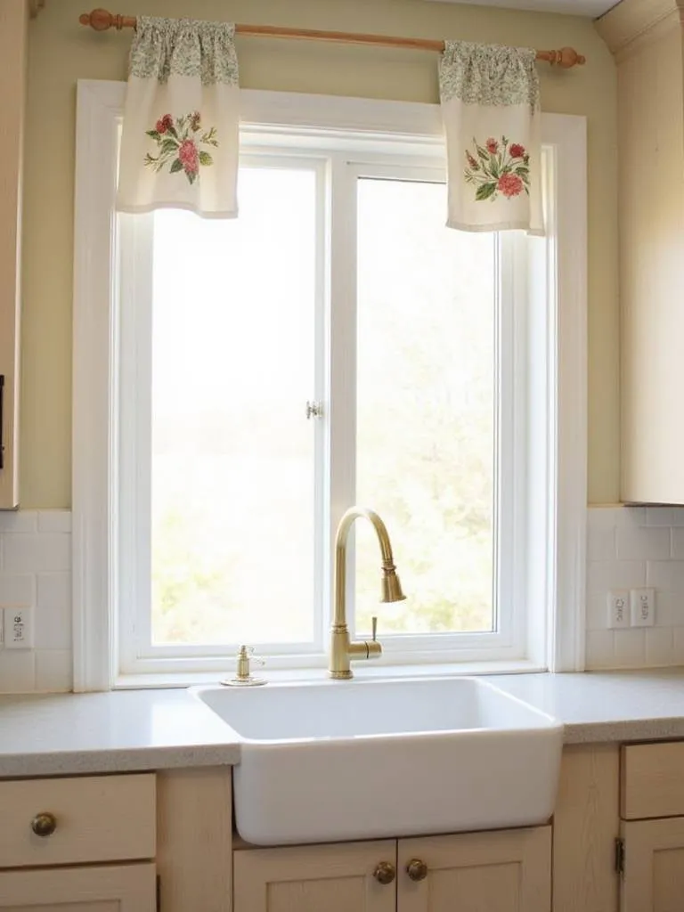 DIY kitchen window treatments using upcycled tea towels on a wooden dowel rod.