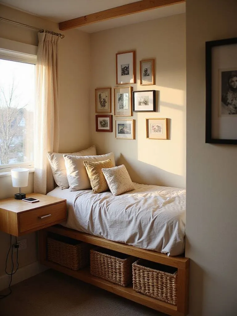 Small bedroom with DIY floating bedside table and gallery wall, maximizing space and style.
