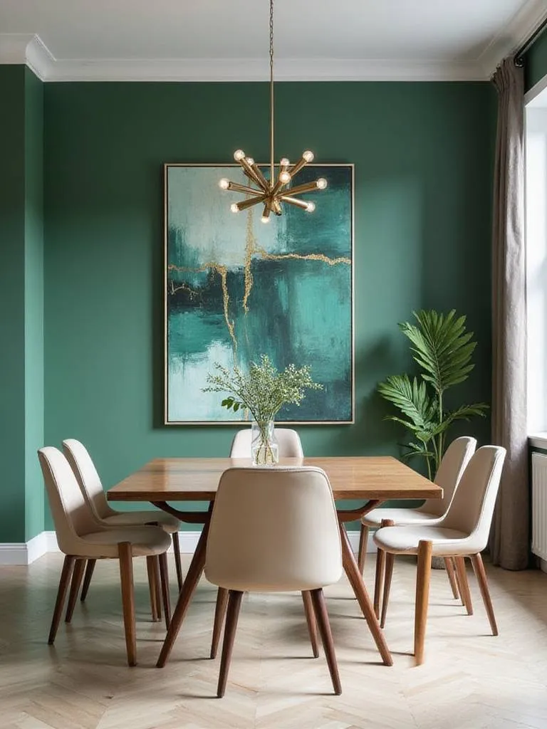 Dining room with vibrant emerald green wall and modern furniture.