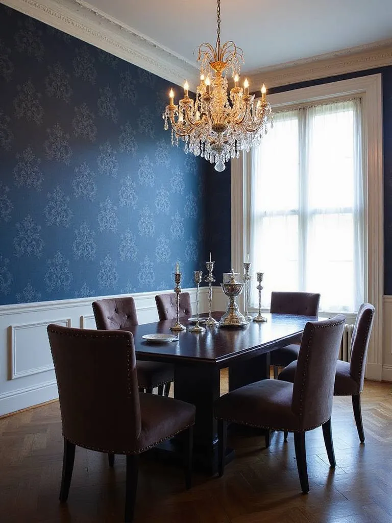Dining room with dramatic navy blue damask wallpaper