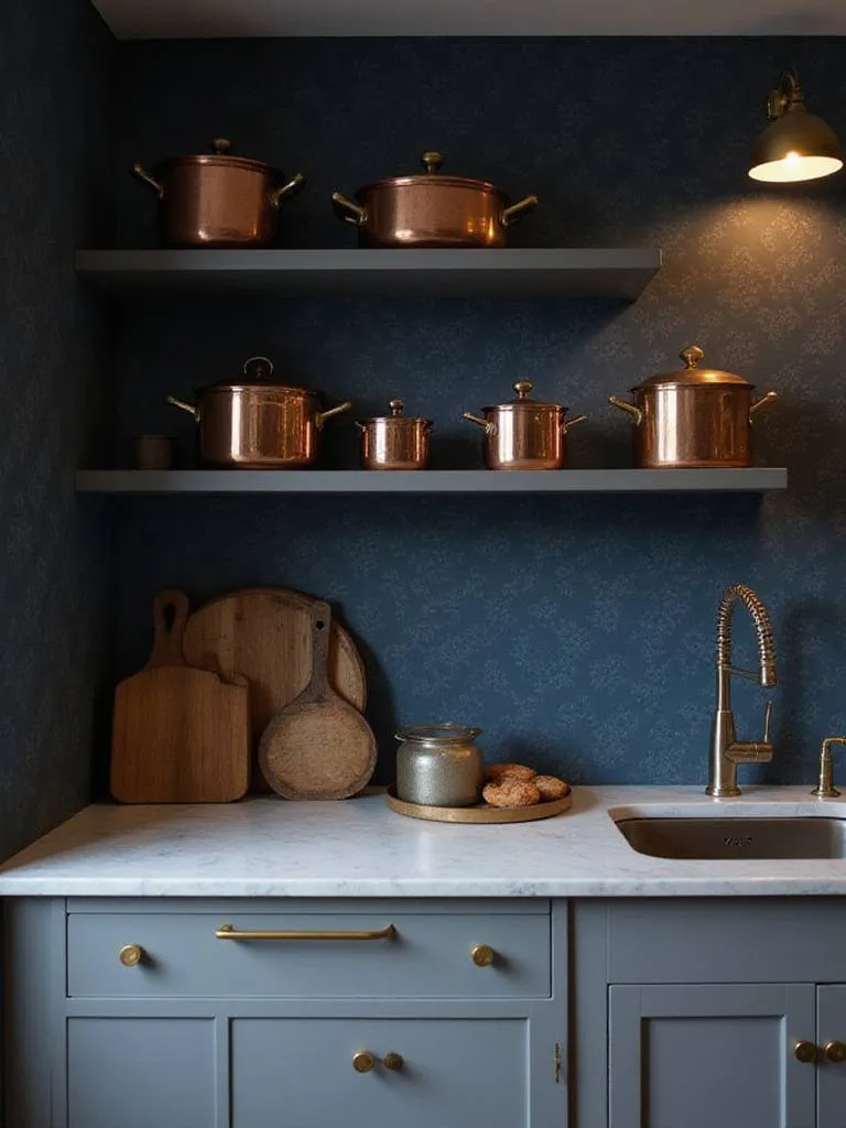 Dark navy geometric wallpaper in a modern kitchen with light gray cabinets and brass accents.