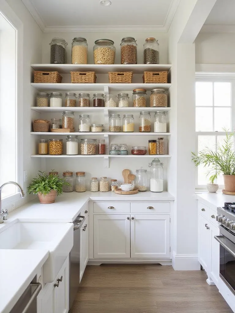 Organized kitchen pantry with clear containers and labeled shelves
