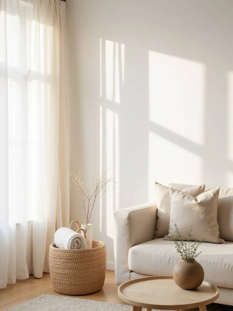 Cozy minimalist living room with decluttered space and soft lighting.