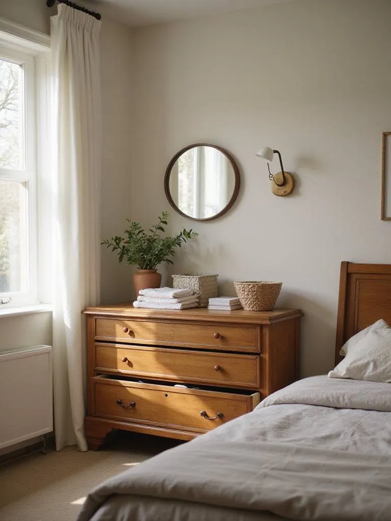 Classic wooden chest of drawers providing organized storage in a serene bedroom setting.