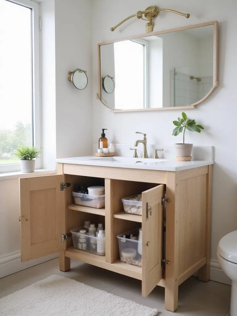 Small bathroom vanity with minimal items and organized storage, showcasing decluttered space.
