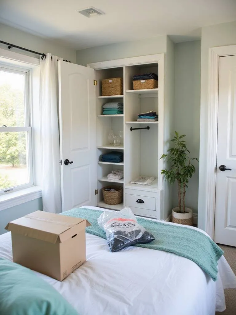 Small bedroom undergoing decluttering process with donation box, trash bag, and items to keep on the bed.