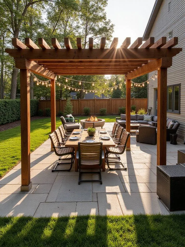 Patio pergola creating distinct dining and lounge zones in a backyard.