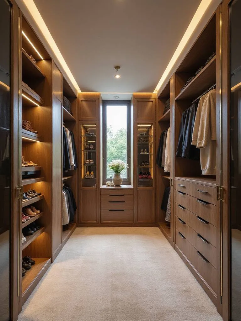 Luxurious walk-in wardrobe with organized clothing and shoe storage