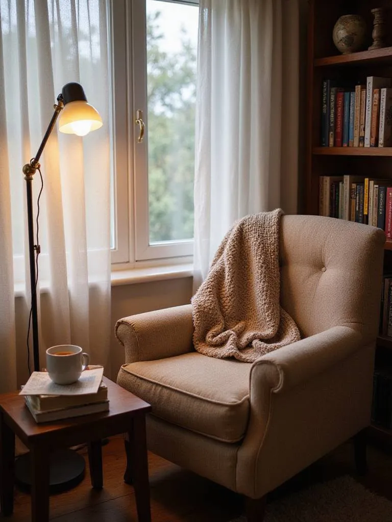 Cozy reading nook with armchair, bookshelf, and natural light in a living room corner