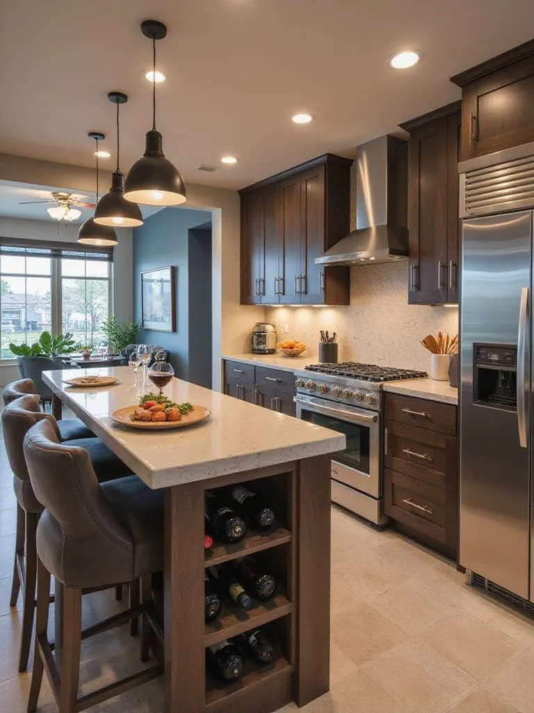 Modern kitchen bar area with wine rack and stylish bar stools for entertaining.