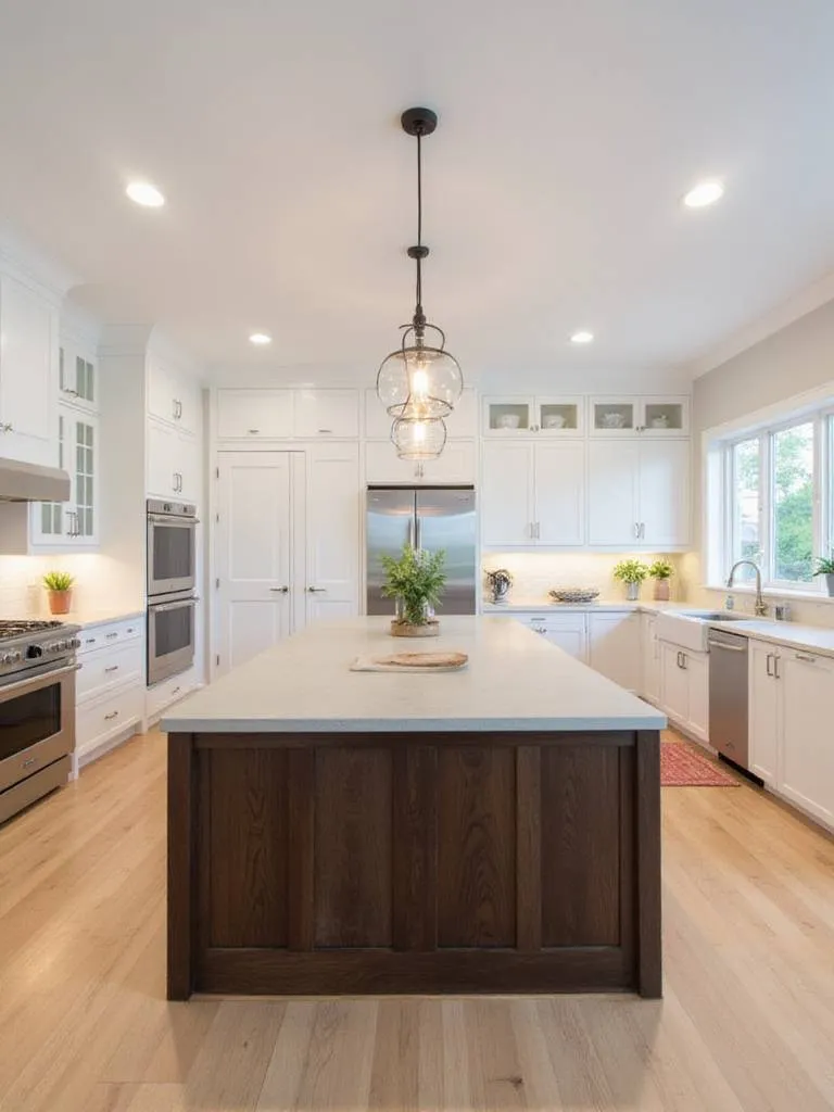 Modern kitchen with statement island featuring dark wood base and concrete countertop.