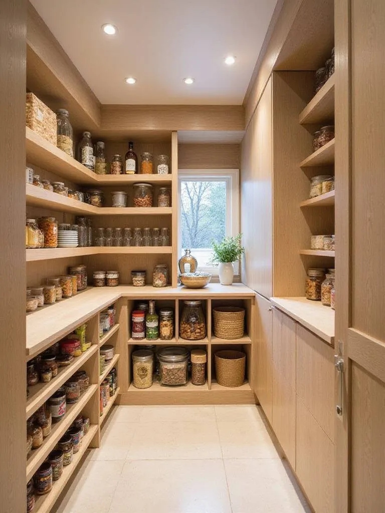 Well-organized walk-in pantry with adjustable wood shelving