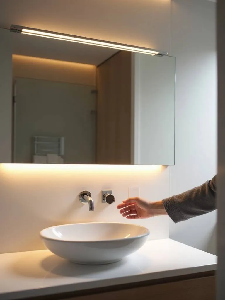 Bathroom vanity with dimmable LED lighting creating a relaxing spa atmosphere.