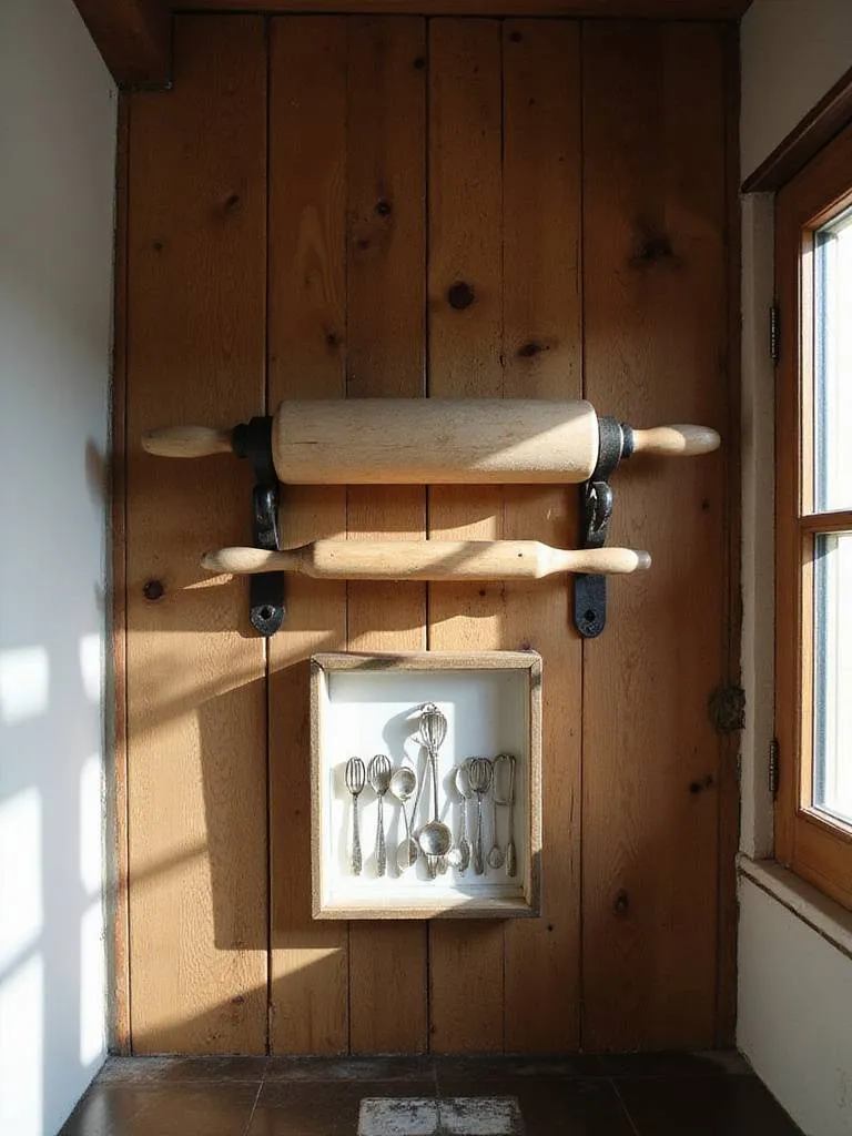 Vintage kitchen utensils displayed on a rustic kitchen wall for nostalgic charm.