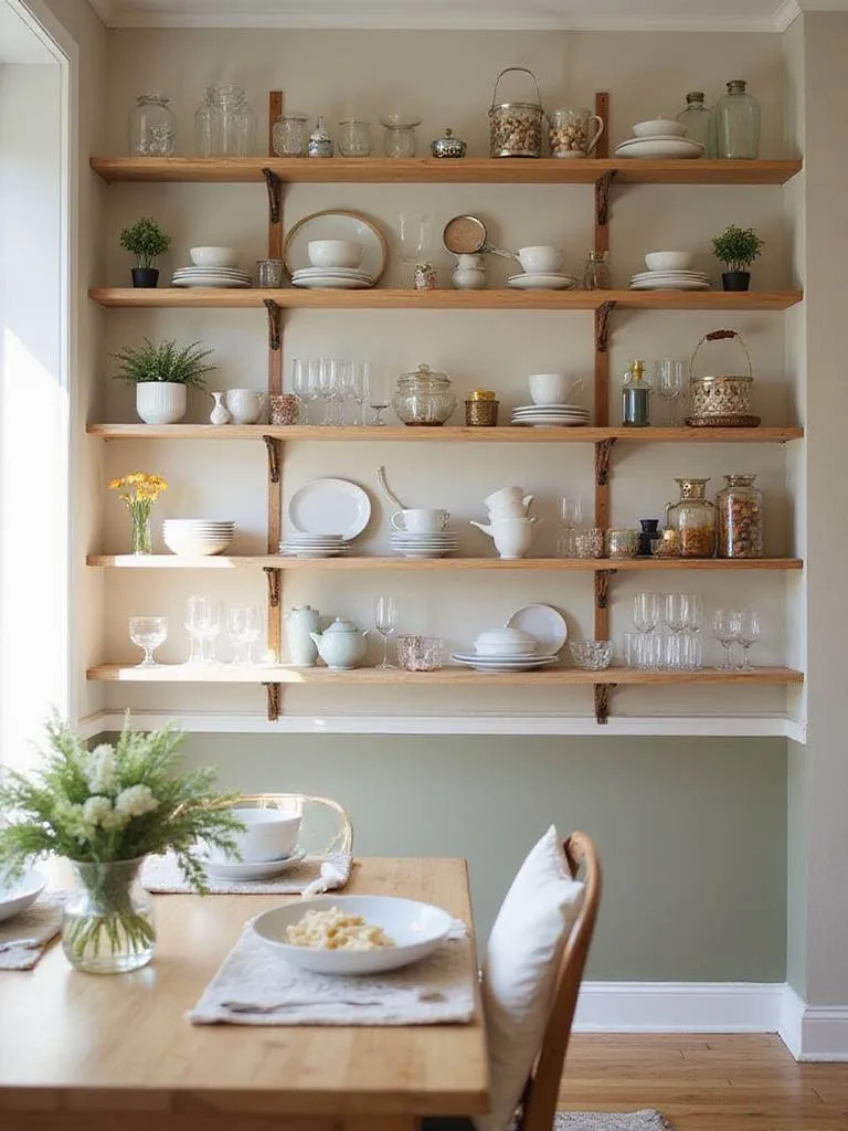 Dining room with open shelving displaying dinnerware and decorative items